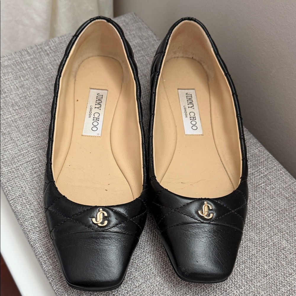 Jimmy Choo Black Quilted Flats with Gold Accent